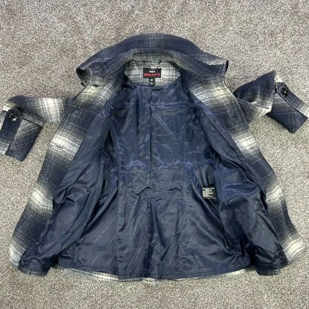 Miss Sixty Wool‎ Blend Plaid Belted Pea Coat Womens Medium Faux Leather Trim